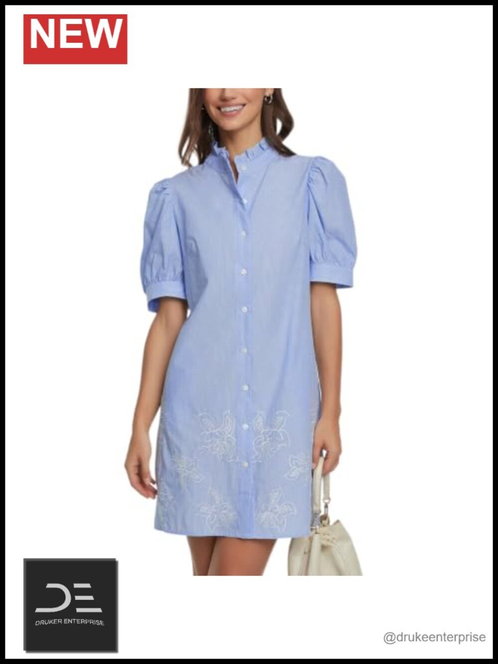 Women's Embroidered Floral Mini Dress Short Puff Sleeves Button Front Shift